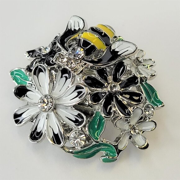 PETALS and Bee Stretch Ring Enamel Multi Dimensional White Black Stretch Band - Picture 10 of 11